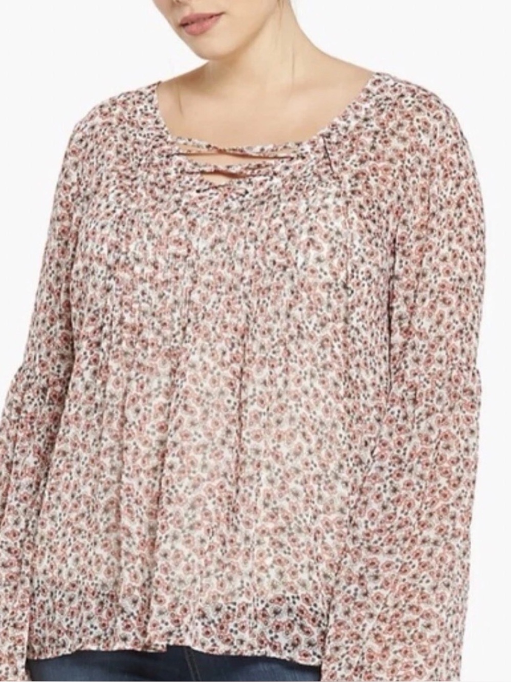 #30 Torrid 3 (3X) floral tunic blouse lace up lattice neckline long bell sleeves